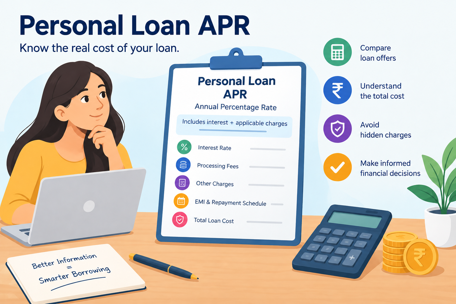 Personal Loan APR infographic explaining Annual Percentage Rate, interest rates, processing fees, other loan charges, EMI repayment schedules, and total borrowing costs to help borrowers make informed financial decisions.
